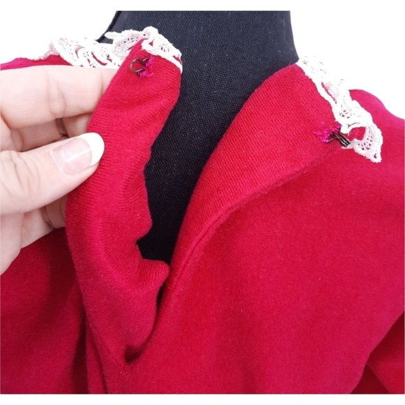 VTG 60s 70s Dark Pink Felted Crochet Lace Collar Long Sleeve Top M Tie Belt - Picture 11 of 12